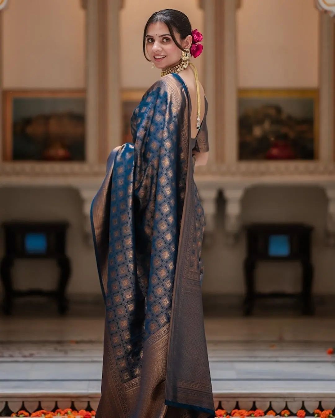 Royal Navy Blue Jacquard Saree