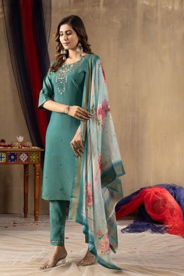 Rama Green Shimmer Gold Silk Embroidered Kurta Pant Set