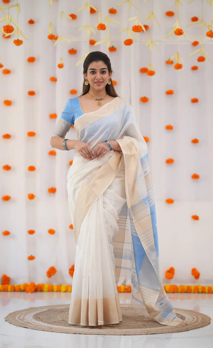 Sky Blue Jacquard Saree for Women – Elegant Soft Weave Festive Wear