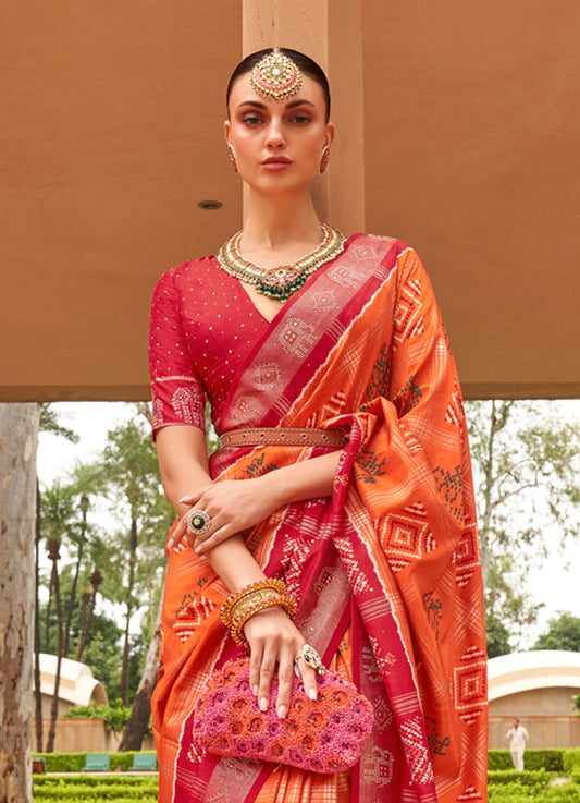 Refreshing Orange And Red Colored Printed Pure Soft Silk Saree
