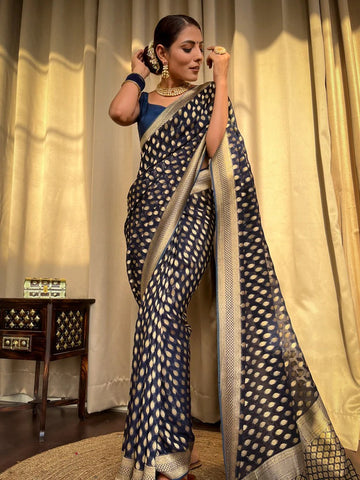 Luxurious Navy Blue Jacquard Saree – Elegant Woven Design for Festive & Party Wear