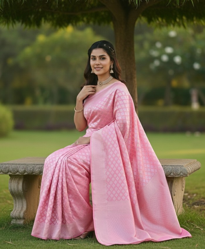 Pink Jacquard Saree – Graceful Festive Wear With Rich Woven Detailing