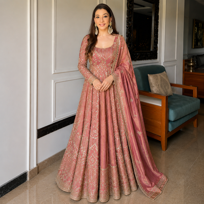 Rose Gold Embroidered Anarkali Gown Set
