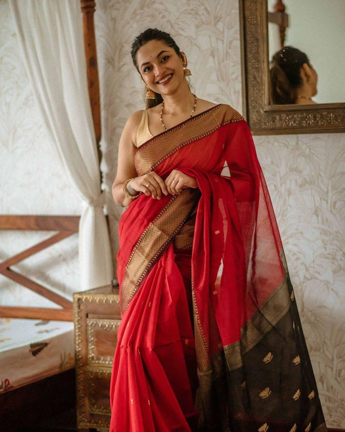 Red Jacquard Saree – Elegant Festive Wear with Rich Woven Detailing