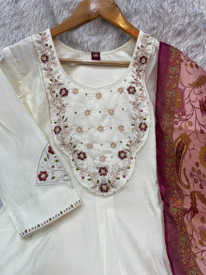 Elegant Off-White Premium Marina Silk Embroidered Kurti Pant Dupatta Set