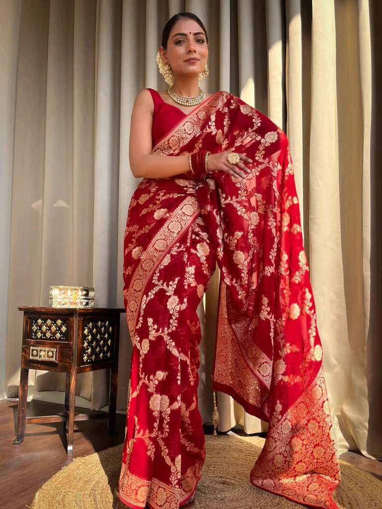 Elegant Red Jacquard Saree