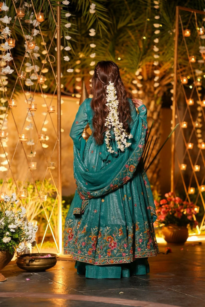 Emerald Teal Cruncy Silk Anarkali Suit Set