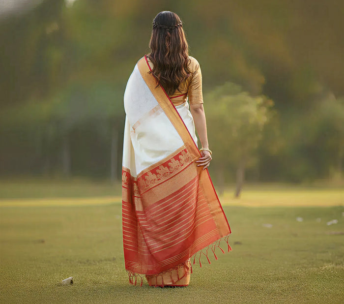 Arresting White Color Kanjivaram Tussar Silk Saree