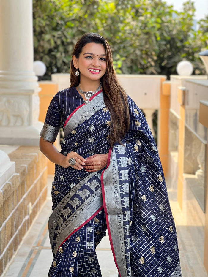 Royal Navy Blue Jacquard Saree – Elegant Weave for Festive & Party Wear