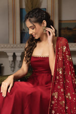 Red Satin Anarkali Suit Set with Embroidered Georgette Dupatta