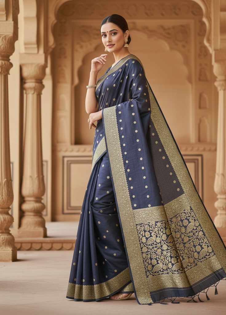 Navy Blue Jacquard Saree