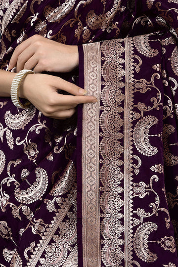 Luxury Dark Purple Jacquard Saree – Elegant Festive & Party Wear