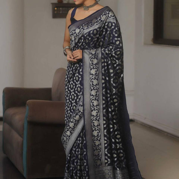 Premium Navy Blue Jacquard Saree