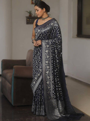 Premium Navy Blue Jacquard Saree – Elegant Festive & Party Wear Look