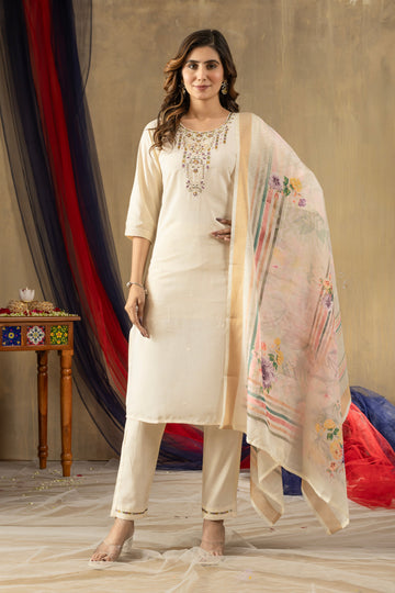 Off White Shimmer Gold Silk Embroidered Kurta Pant Set