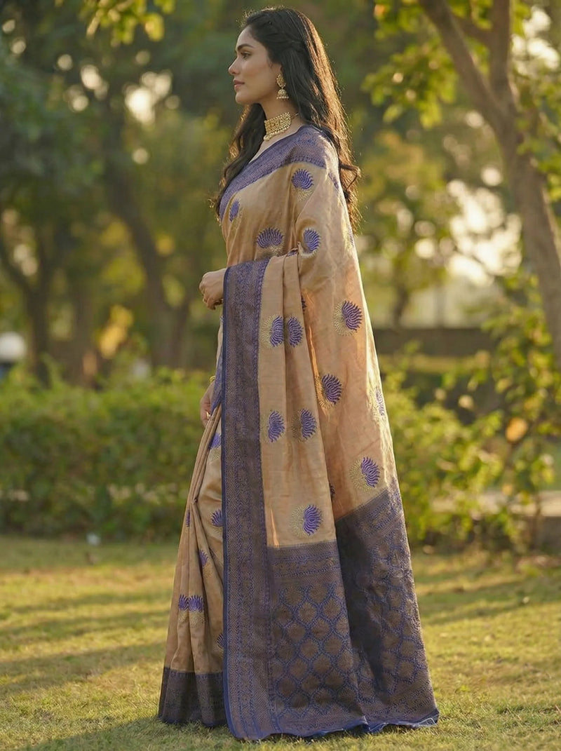 Peach & Navy Blue Dual-Tone Jacquard Silk Saree with Elegant Woven Design