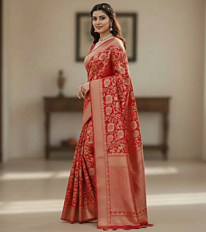 Royal Red Jacquard Saree – Classic Festive Elegance with Intricate Weave