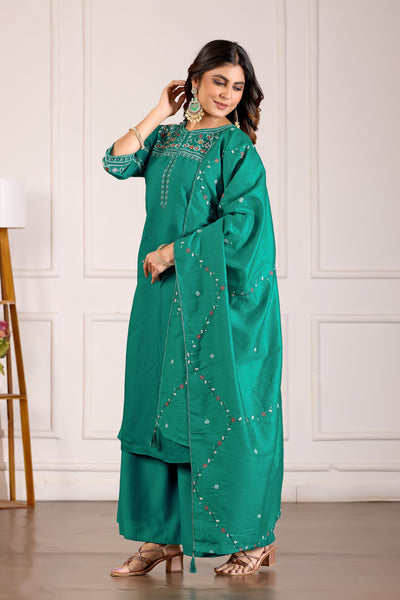 Elegant Rama Green Viscose Mango Silk Anarkali Kurti Set