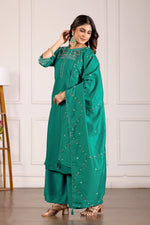 Elegant Rama Green Viscose Mango Silk Anarkali Kurti Set