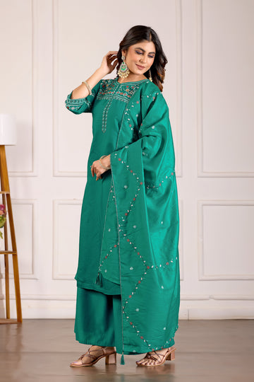 Elegant Rama Green Viscose Mango Silk Anarkali Kurti Set