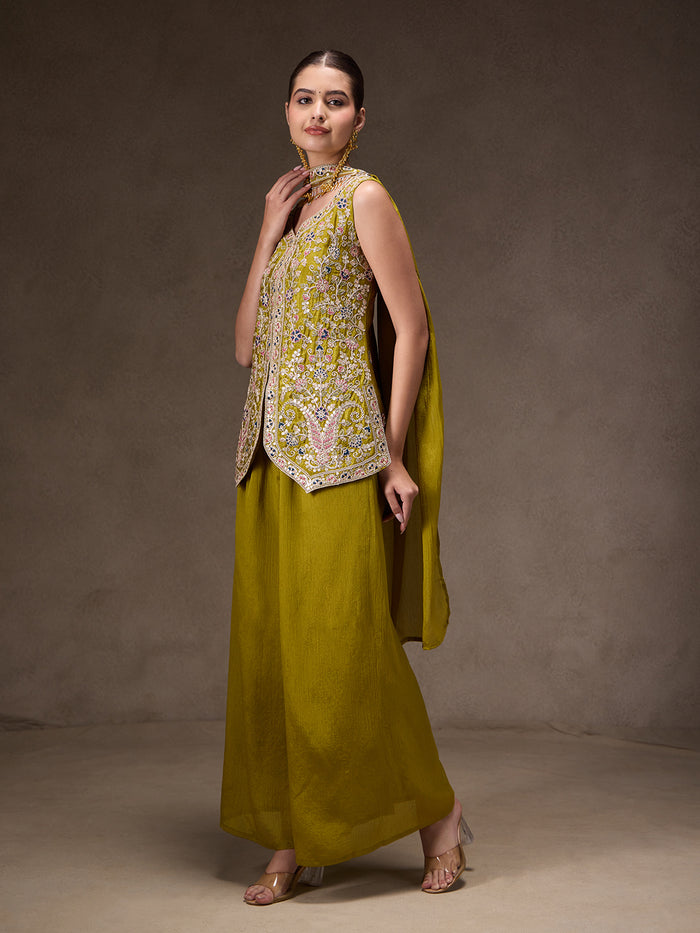 Olive Chinon Embroidered Suit Set