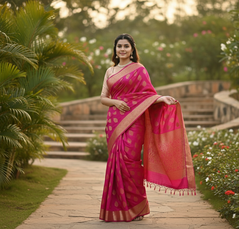 Cerise Pink Jacquard Saree