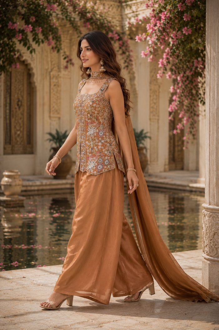 Rust Chinon Embroidered Stitched Suit Set