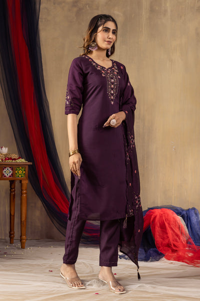 Ruhani Wine Roman Silk Embroidered Kurta Pant Set