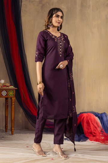 Ruhani Wine Roman Silk Embroidered Kurta Pant Set