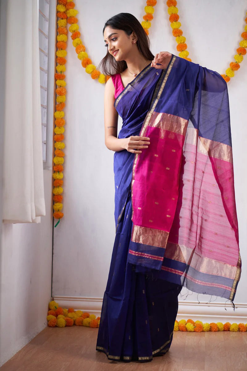 Blue Pink Jacquard Saree