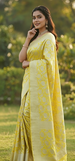 Elegant Light Yellow Jacquard Saree