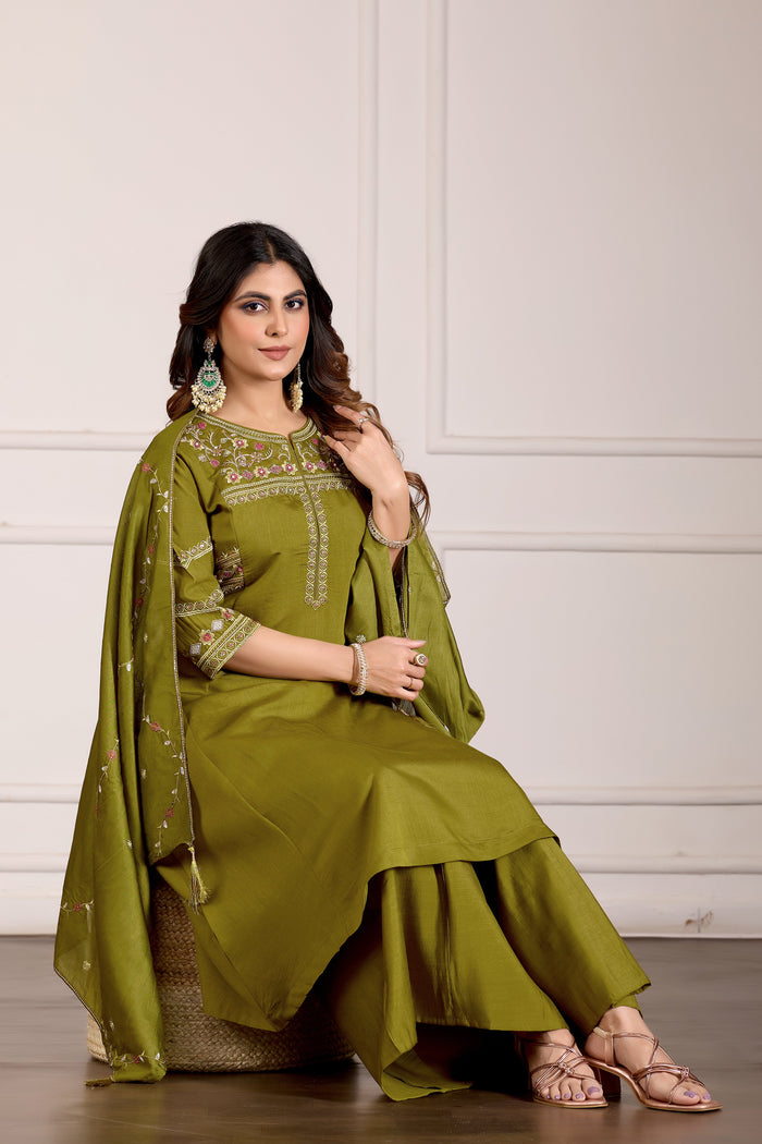 Mehndi Green Mango Silk Anarkali Set