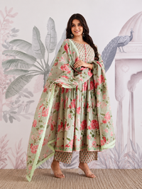 Green Floral Jaipuri Cotton Flared Anarkali Suit Set