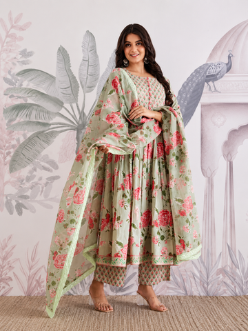 Green Floral Jaipuri Cotton Flared Anarkali Suit Set