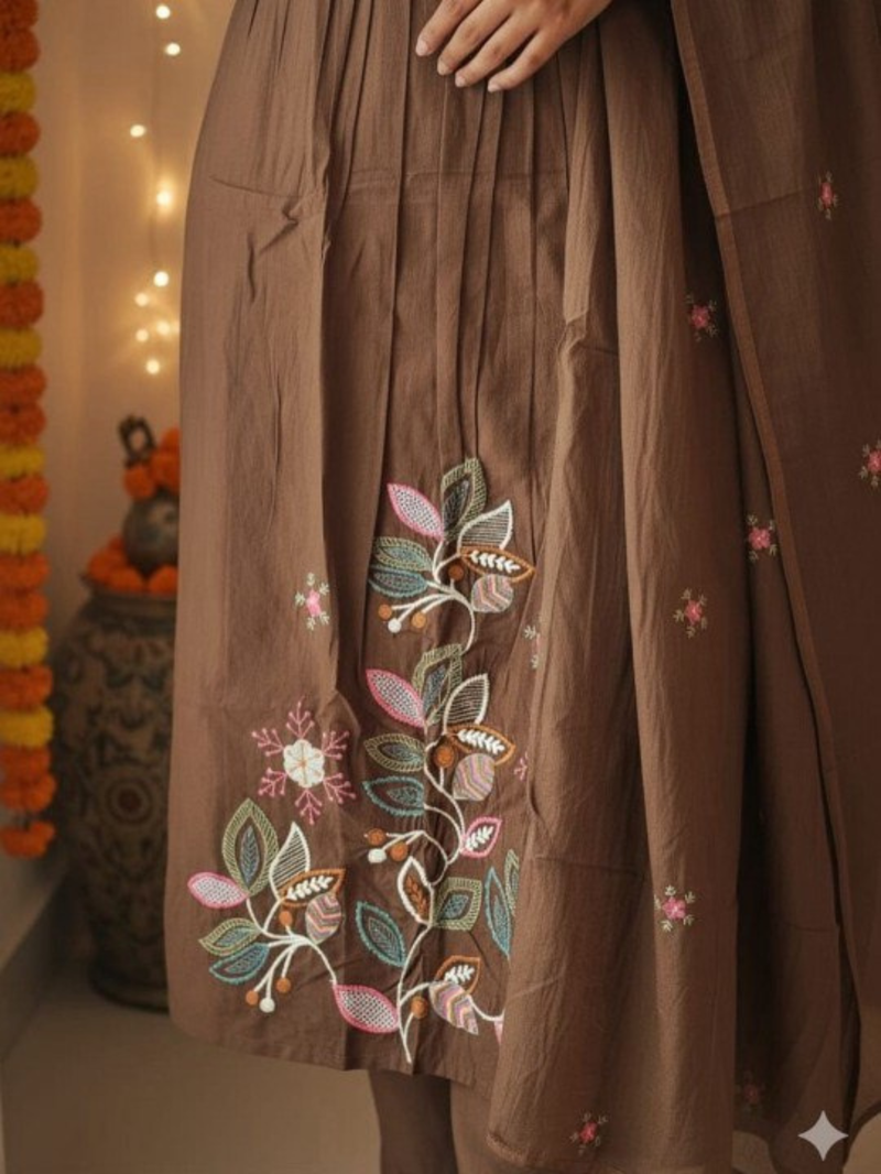 Aesthetic Mul Cotton Embroidery Madhavi Coffee Suit Set with Dupatta