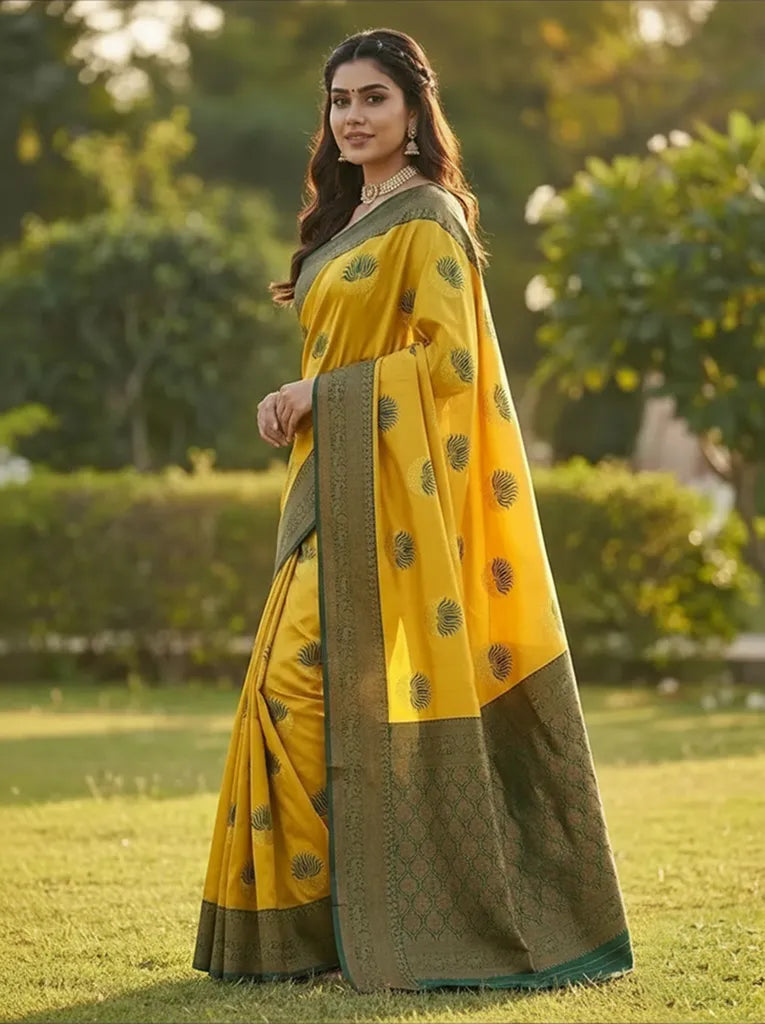 Yellow & Green Jacquard Silk Saree with Elegant Traditional Weaves