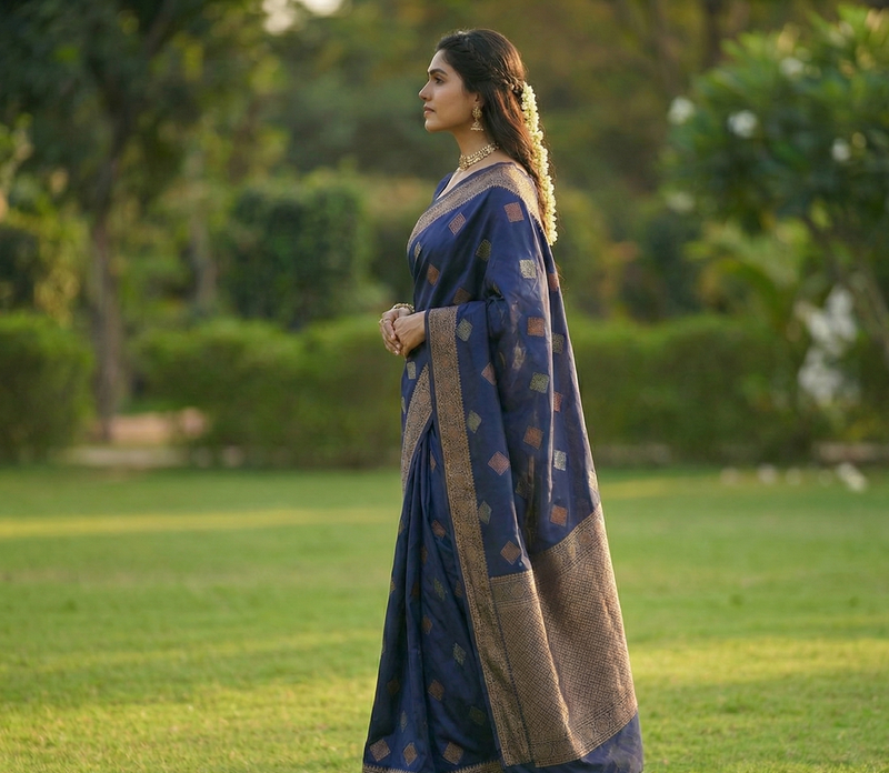 Navy Blue Jacquard Saree