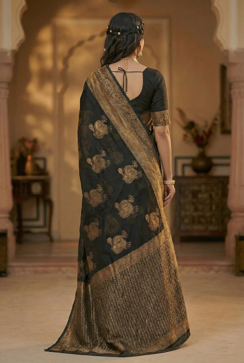 Midnight Black Jacquard Silk Saree with Opulent Woven Design | Luxury Festive Wear