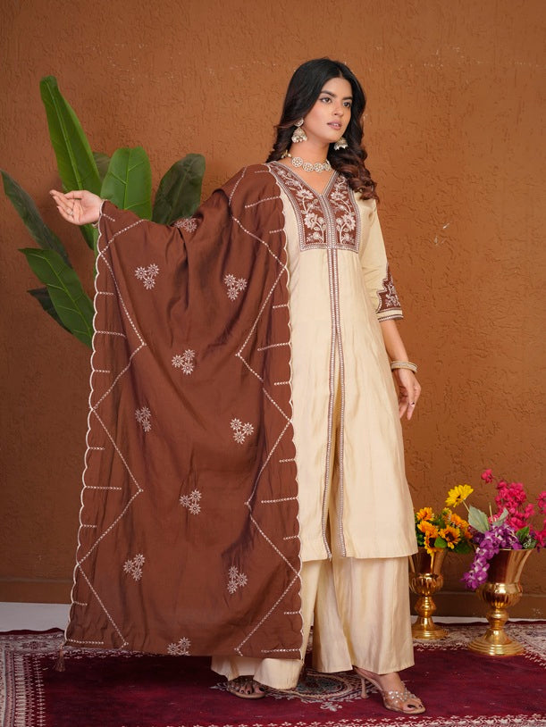 Elegant Cream Roman Silk Anarkali Kurti Set