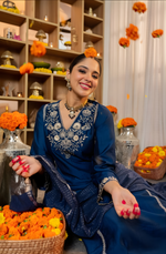 Pure Satori Silk Embroidered Blue Suit Set with Zari Banarasi Dupatta