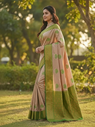 Peach Green Jacquard Silk Saree with Elegant Woven Detailing