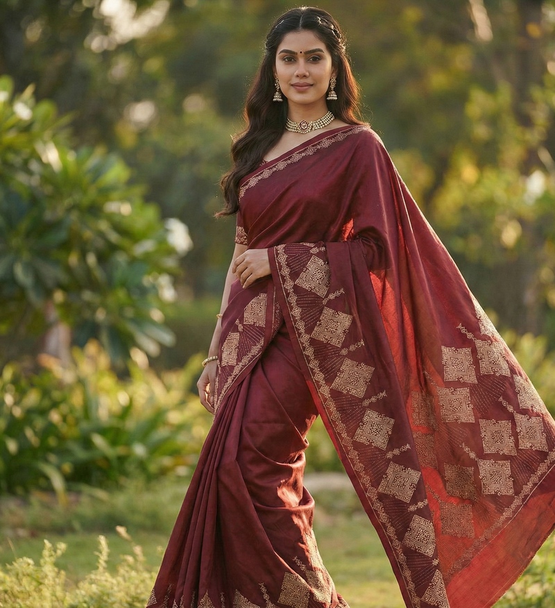 Dark Wine Red Jacquard Saree