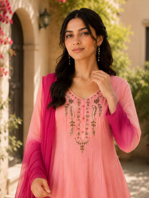 Pink & Magenta Embroidered Anarkali Suit Set