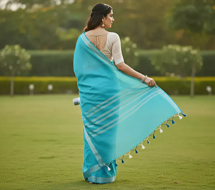 Sky Blue Colour Women's Plain Linen Saree With Party Wear