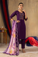 Purple Roman Silk Embroidered Kurta Pant Set with Dupatta