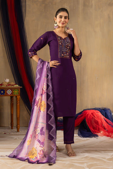 Purple Roman Silk Embroidered Kurta Pant Set with Dupatta