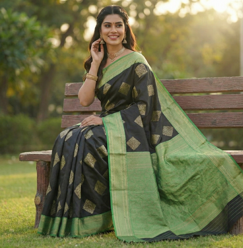 Black Green Jacquard Saree