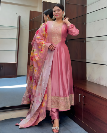 Priya Anarkali Flared Banana Silk Kurti Pant Dupatta Set