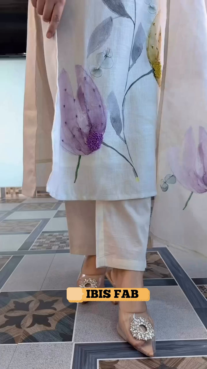 Ivory Floral Printed Linen Kurta Pant Dupatta