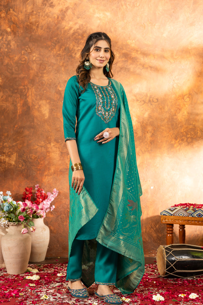 Meher Rama Green Marina Silk Embroidered Kurta Pant Set